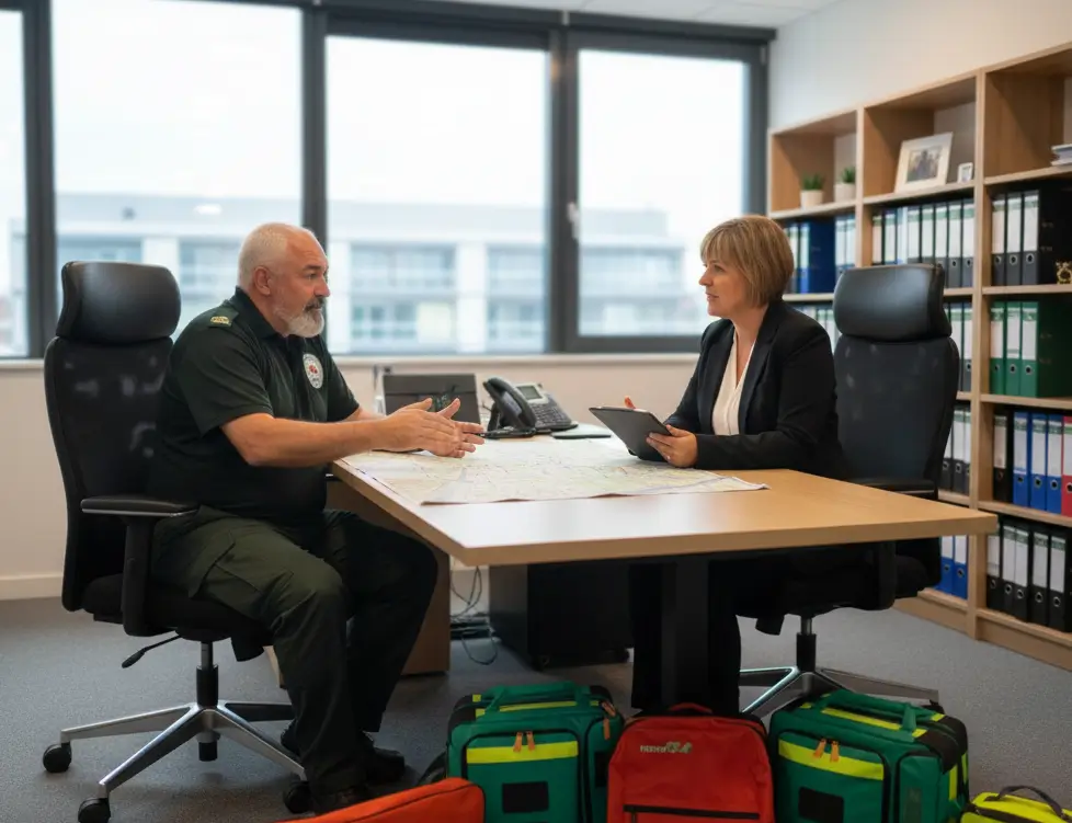 David Baglietto first responder in uniform conducting a medical discovery consultation with a client in an office, discussing a site map with emergency medical equipment in the foreground.
