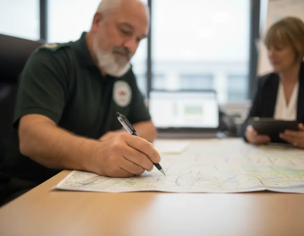 David Baglietto first responder in uniform meticulously marking a large site map during an event planning meeting with a colleague.
