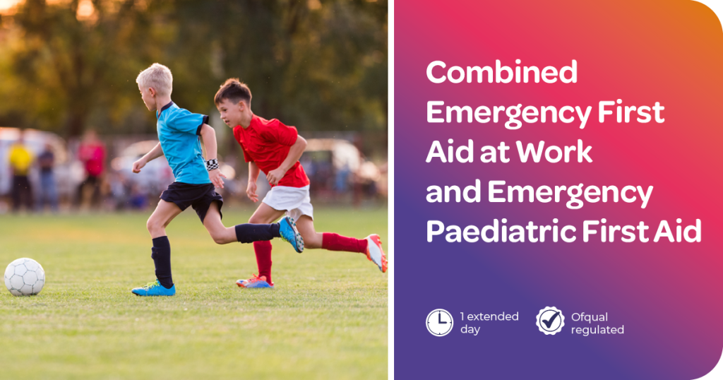 Promotional image for a combined Emergency First Aid at Work and Emergency Paediatric First Aid course. Two young children playing football in the background