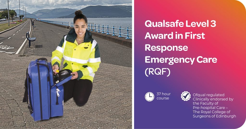A first responder in high-visibility uniform kneeling with a professional emergency medical bag. Text: Qualsafe Level 3 Award in First Response Emergency Care (RQF) 37-hour course.